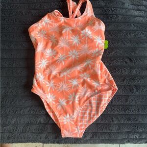 Snapper Rock Coral One-Piece Swimsuit with White Palm Print